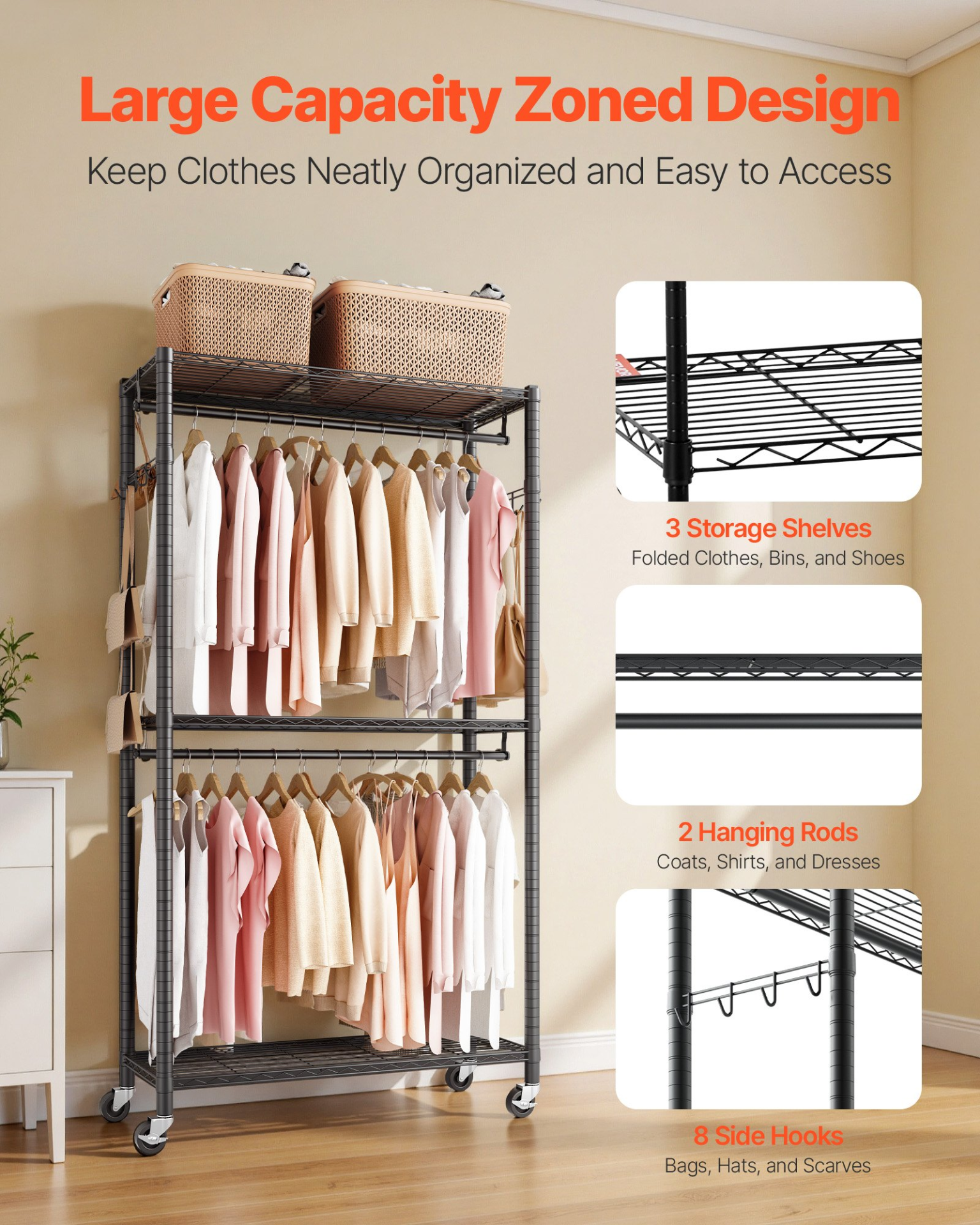 VEVOR Rolling Clothes Rack, Heavy Duty Clothing Garment Rack, 3 Adjustable Tiers Clothing Racks with Carbon Steel, 450 lbs Load Capacity Closet Wardrobe for Bedroom, Clothing Store, Hallway