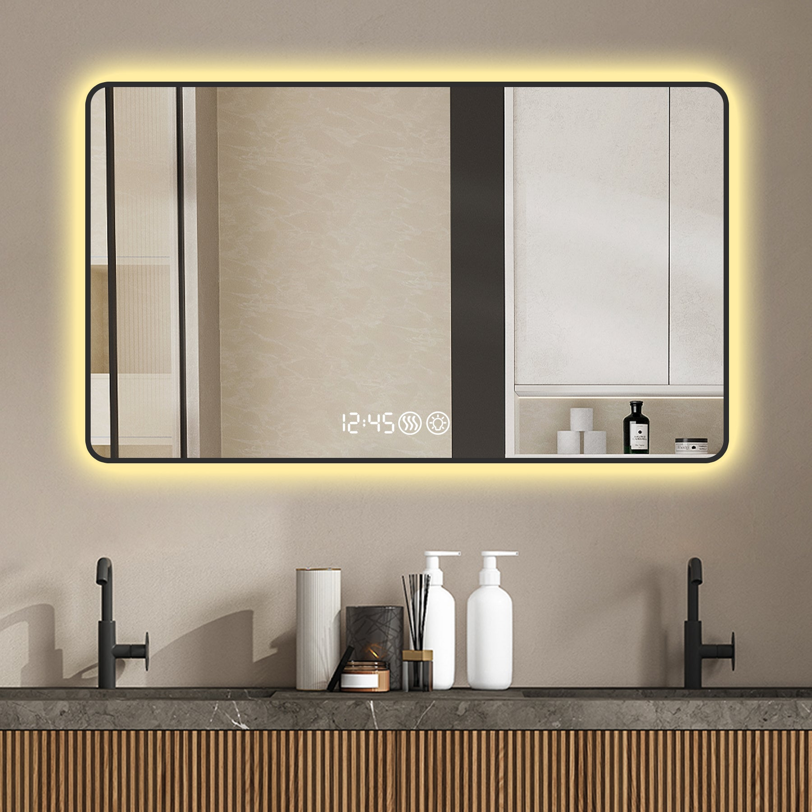 29x39 Black frame wall mirror with rounded corners vanity mirror, temperature display, tri color light, defogging, high-quality aluminum alloy frame, high-definition tempered glass