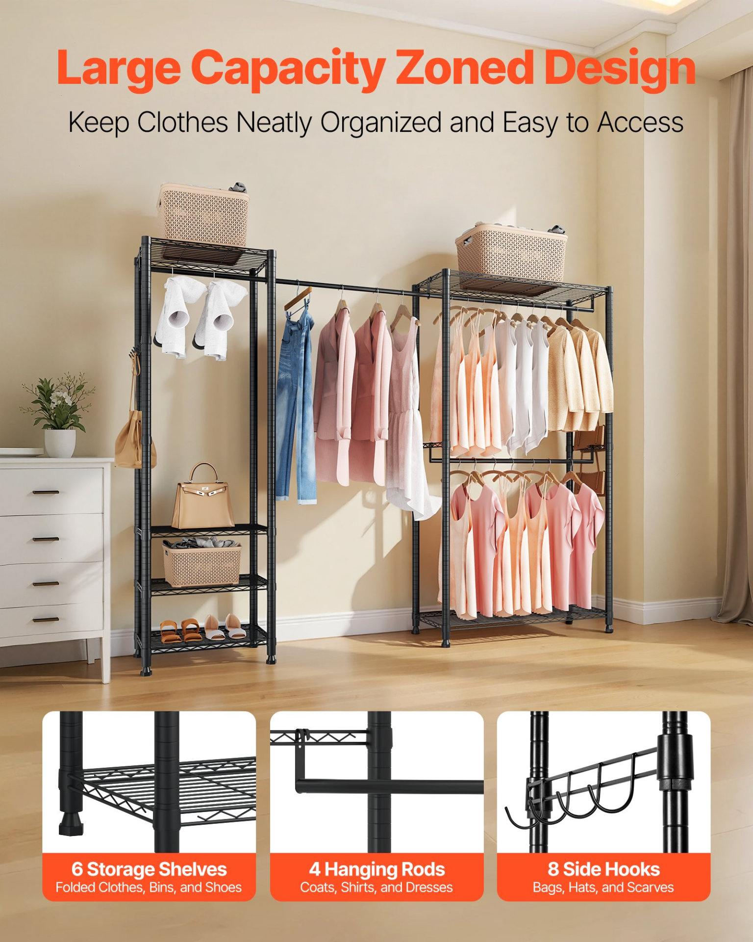 VEVOR Clothing Garment Rack, Heavy Duty Clothes Rack, Freestanding Clothes Racks with Steel Frame, 800 lbs Load Capacity Closet Wardrobe with Storage Shelves for Bedroom, Clothing Store, Hallway