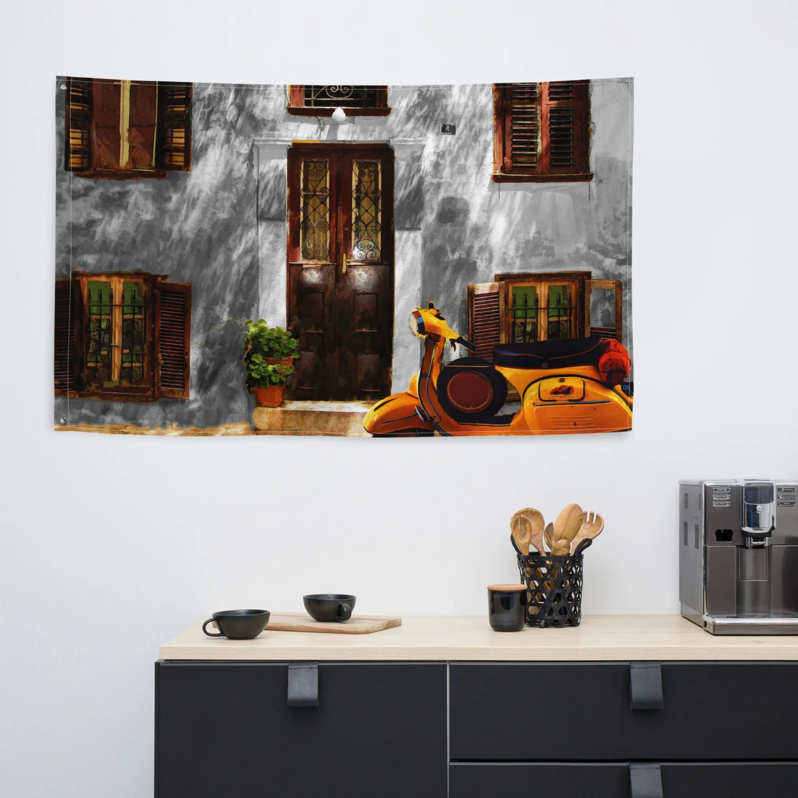 Vespa at Door Wall Tapestry – 100% Polyester Decorative Wall Hanging