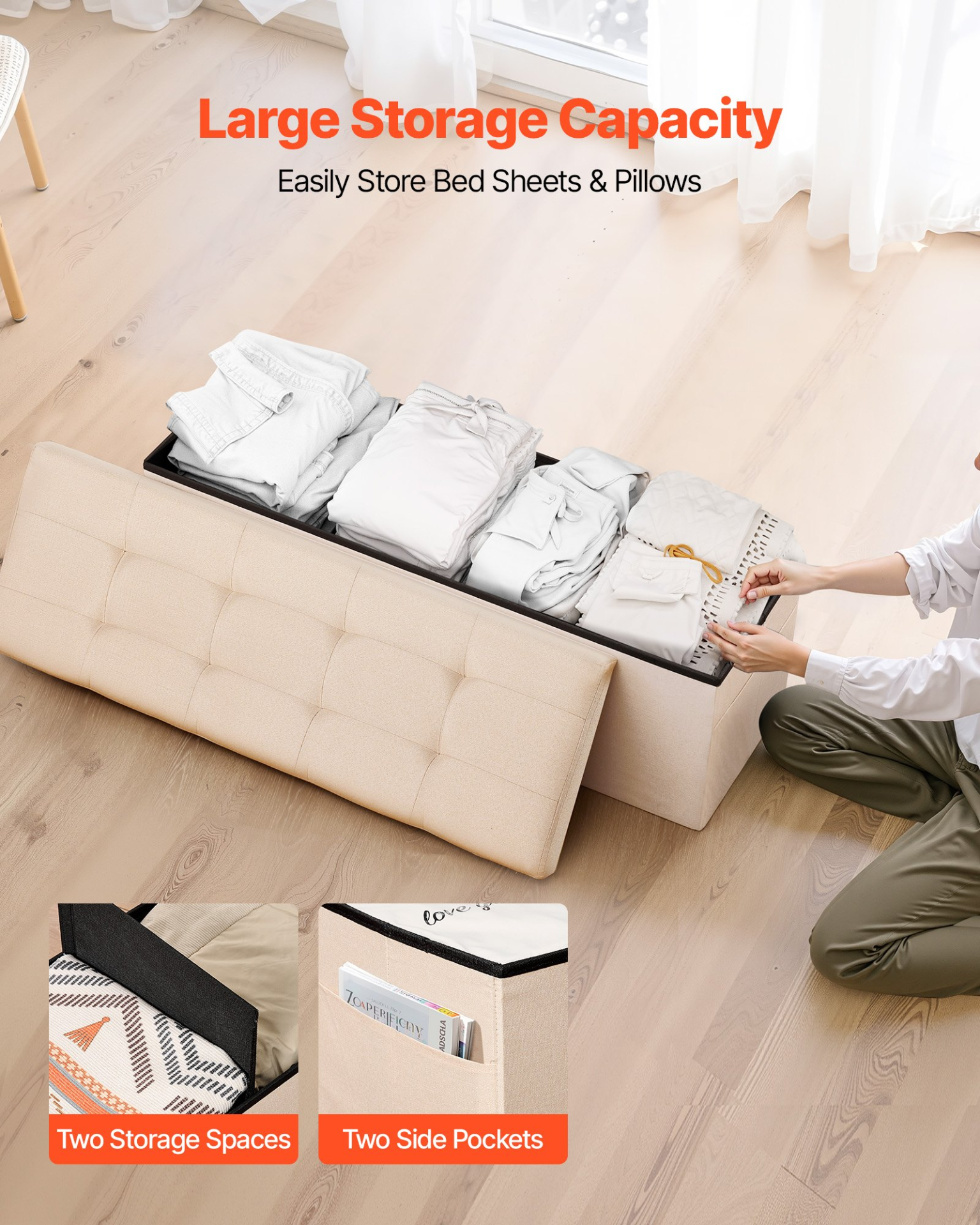 VEVOR Foldable Storage Ottoman Bench, End of Bed Bench with Side Bags, Folding Upholstered Storage Chest Supports 660 lbs, Linen Bed Ottoman with Large Space for Living Room, Bedroom, Entryway, Beige
