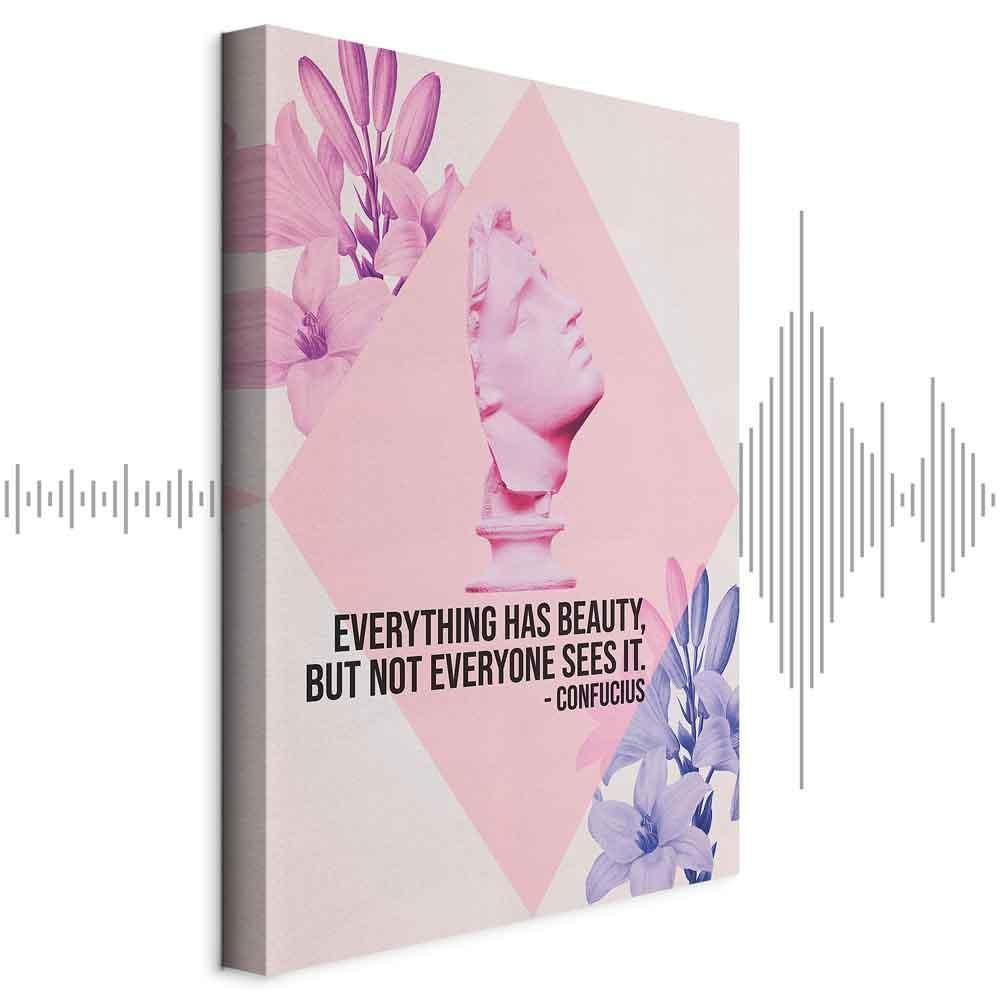 Quadro - Beauty in the Eyes - Inspirational Quote with Pink Bust and Flowers