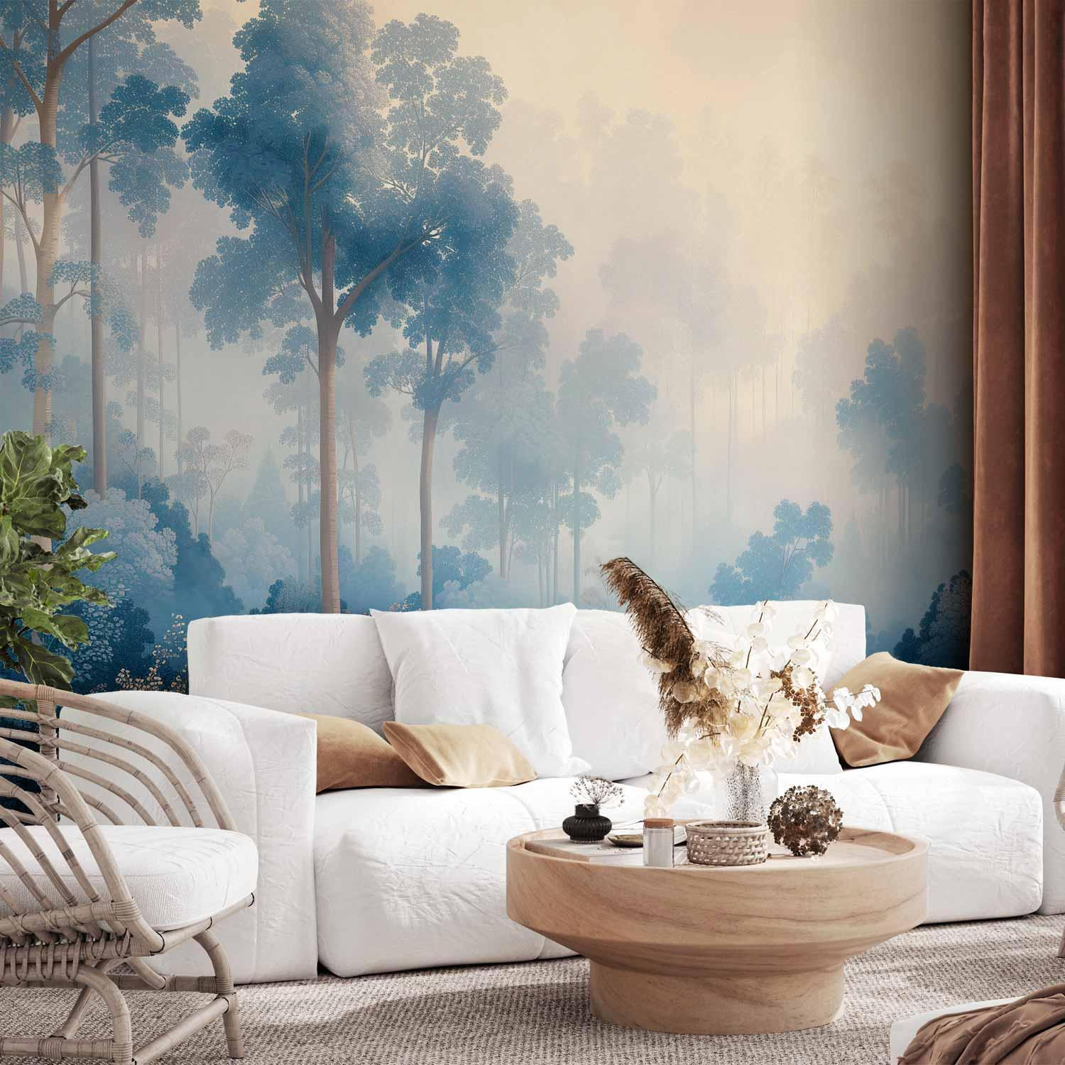 Fairy-Tale Blue Forest Wall Mural – Trees Landscape in Illustrative Style with 3D Effect and 600 dpi Print