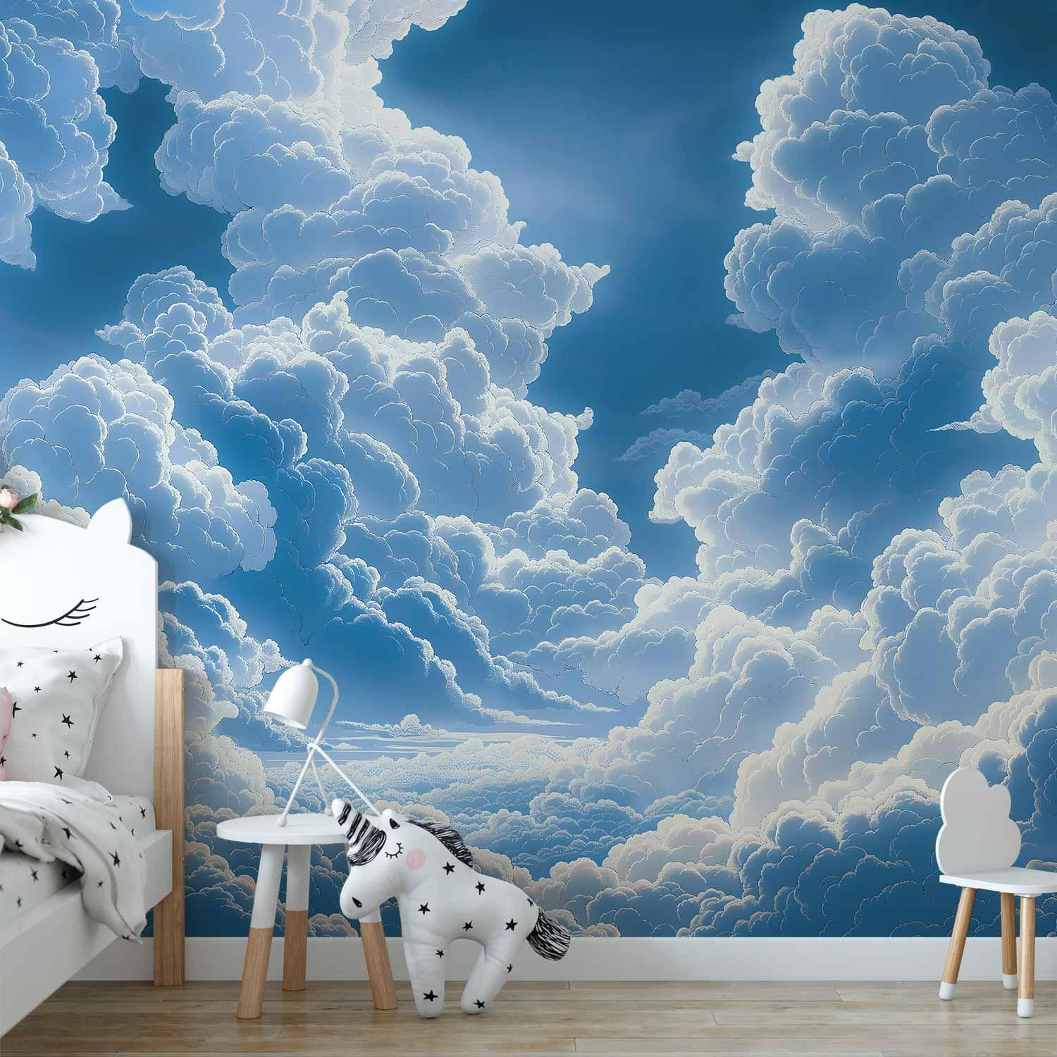 Blue Sky Cloud Wall Mural Wallpaper – Bright Sky Breaking Through Clouds with 3D Effect Illusion