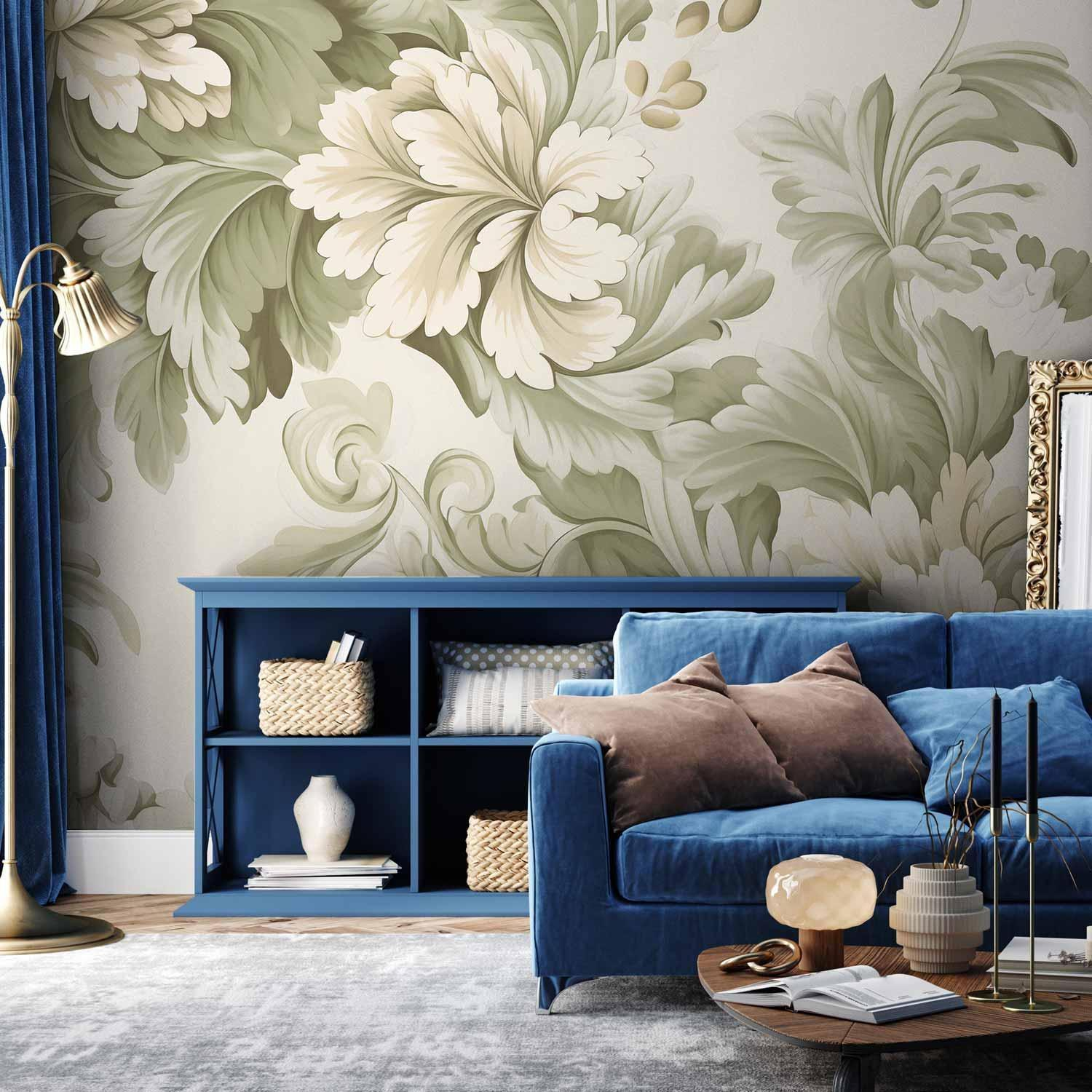 Retro Vintage Flowers Wall Mural Wallpaper – Cream and Green Floral Design with 3D Visual Depth