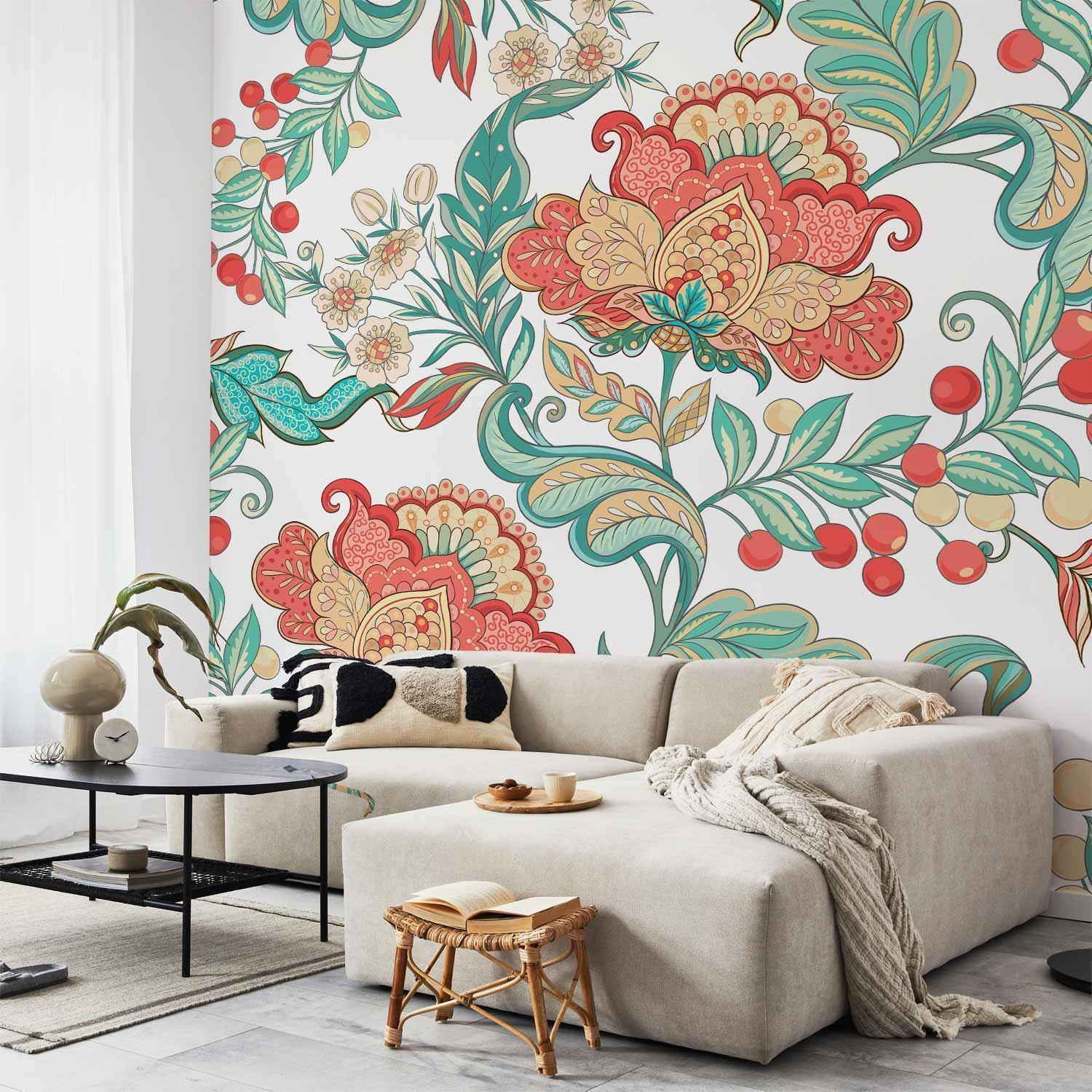 Ethnic Vegetation Wall Mural Wallpaper – Ornamental Floral Pattern with 3D Visual Depth