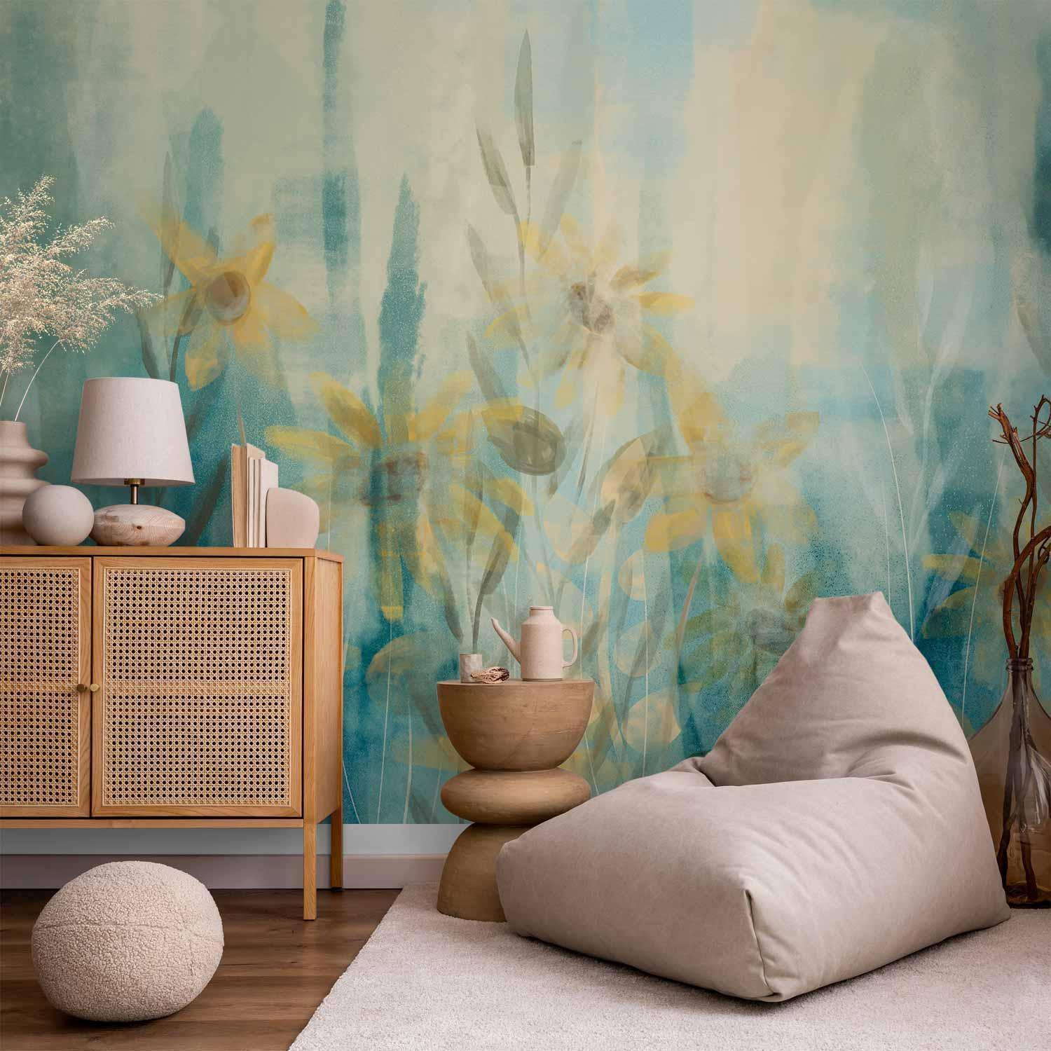 A Touch of Summer Wall Mural Wallpaper – Blue Meadow Floral Scene with 3D Spatial Depth
