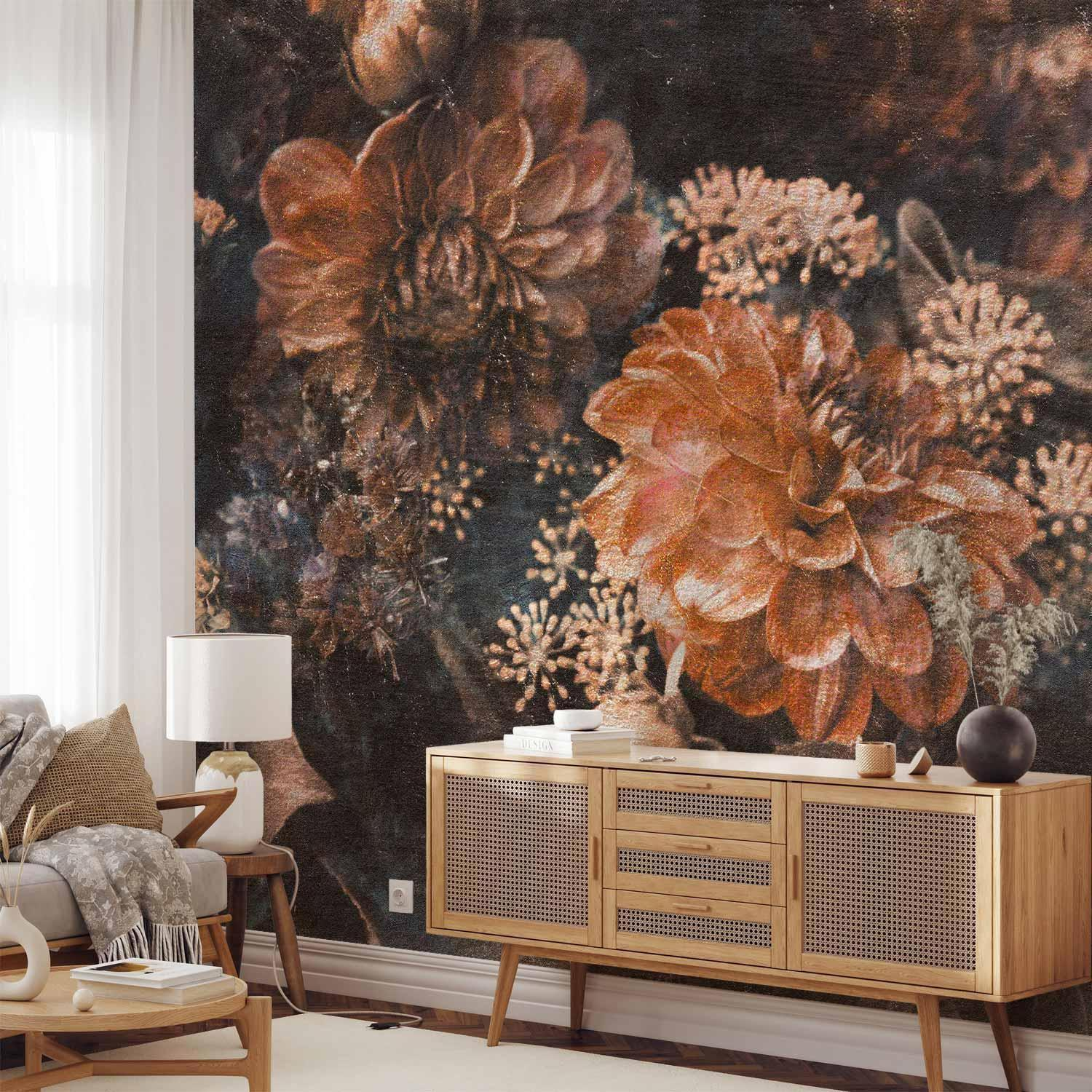 Retro Flowers Wall Mural Wallpaper – Third Variant with Dense Petal Composition and 3D Visual Depth