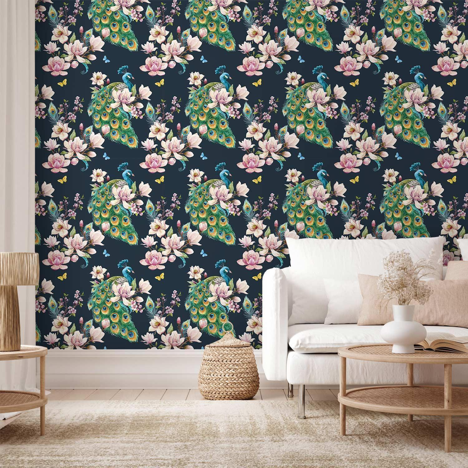Premium Fade-Resistant Magnolias and Peacocks Wallpaper
