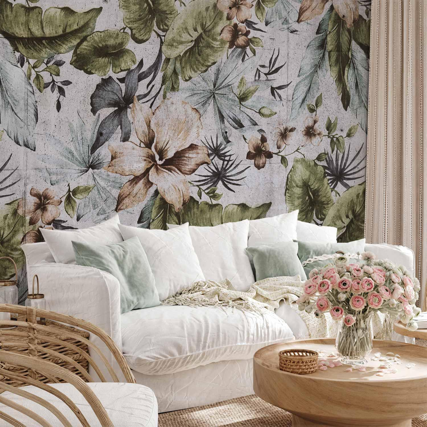 Nature in Retro Style Wall Mural Wallpaper – Jungle Landscape with Pale Leaves and Flowers and 3D Visual Depth
