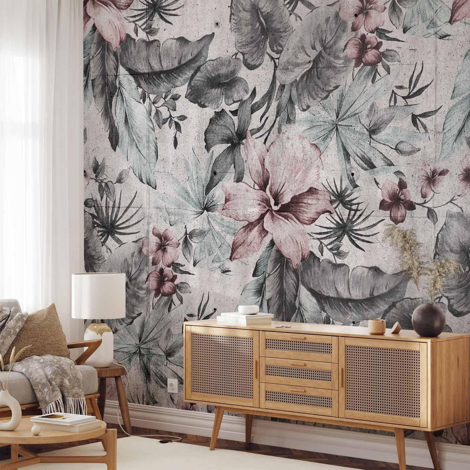 Nature in Retro Style Wall Mural Wallpaper – Grey Botanical Landscape with 3D Visual Depth