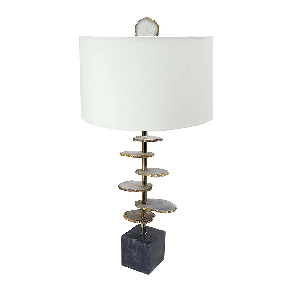 Smoke Agate-Slice Table Lamp with Marble Base – 29.5" White Drum Shade