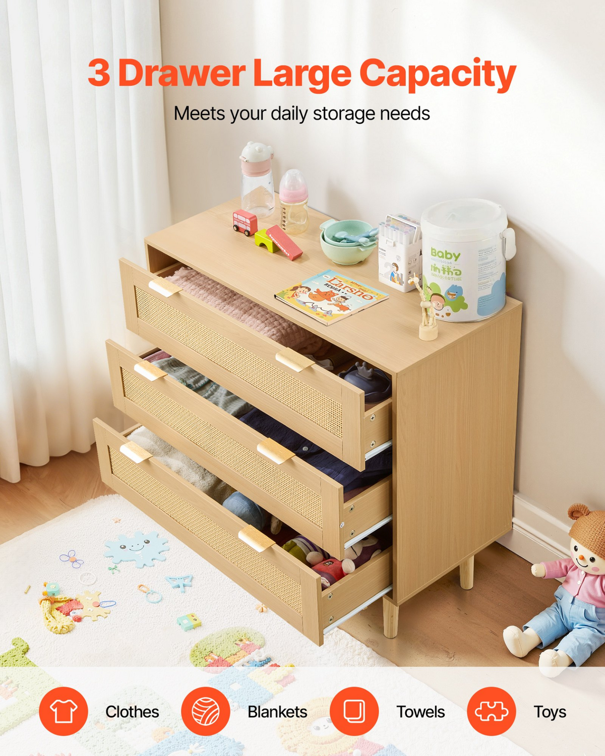 VEVOR 3 Drawer Rattan Dresser, Modern Closet Dresser for Bedroom, Natural Rattan Chest of Drawers with Metal Handles & Wooden Legs, Chest Clothing Organizer & Storage for Bedroom, Living Room, Hallway