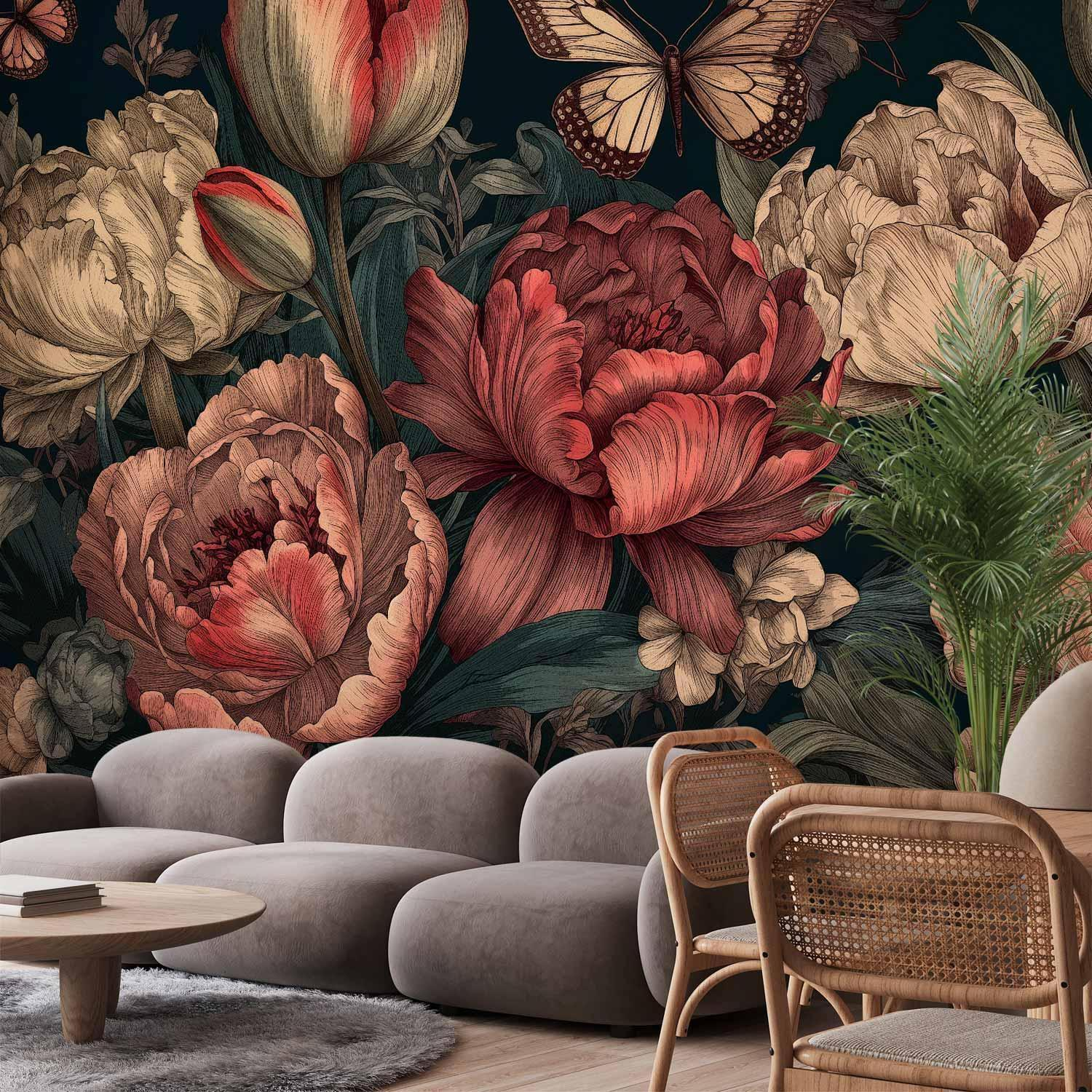 Floral Wall Mural Wallpaper – Red & Pink Flowers on Turquoise with 3D Effect Illusion