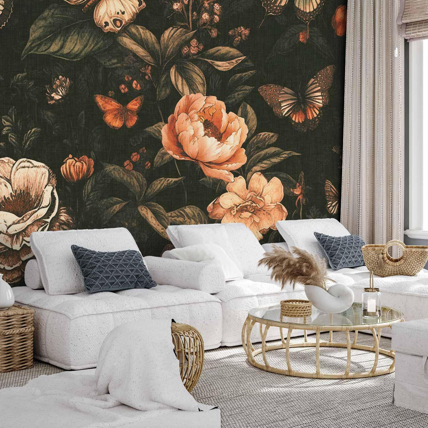 Rustic Garden Wall Mural Wallpaper – Floral & Butterfly Design with 3D Effect Illusion