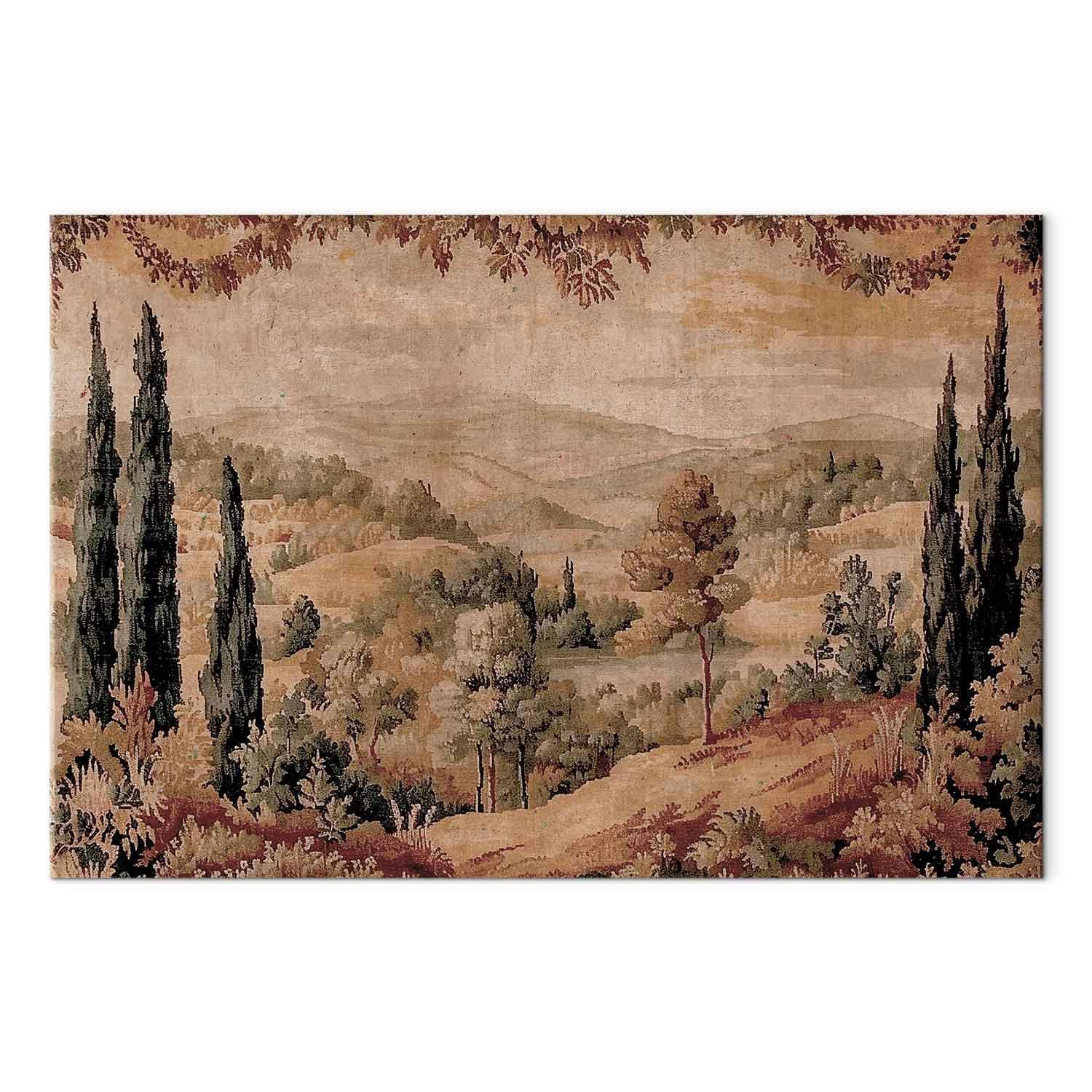 Quadro - Mediterranean landscape - old tapestry with a hill and a lake