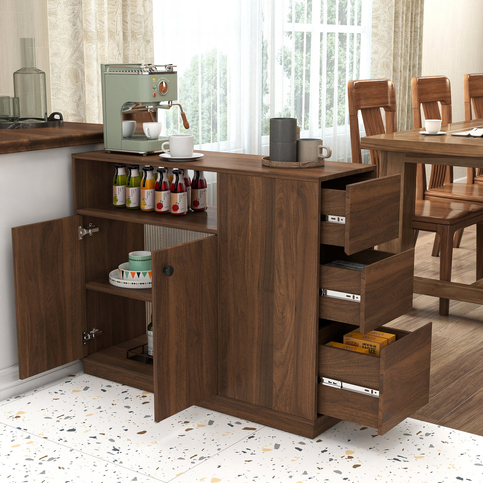Kitchen Sideboard, Small Countertop Organizer, Tabletop Cabinet with 2 Glass Sliding Door,3 Side Drawers & 1 small display shelves, Counter Cabinet for Kitchen, Living Room, Dinning Area
