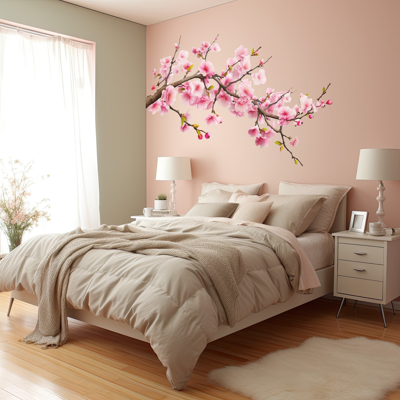 Cherry Blossom Corner Tree Wall Decal – Pink Vinyl Wall Sticker for Nursery Decor