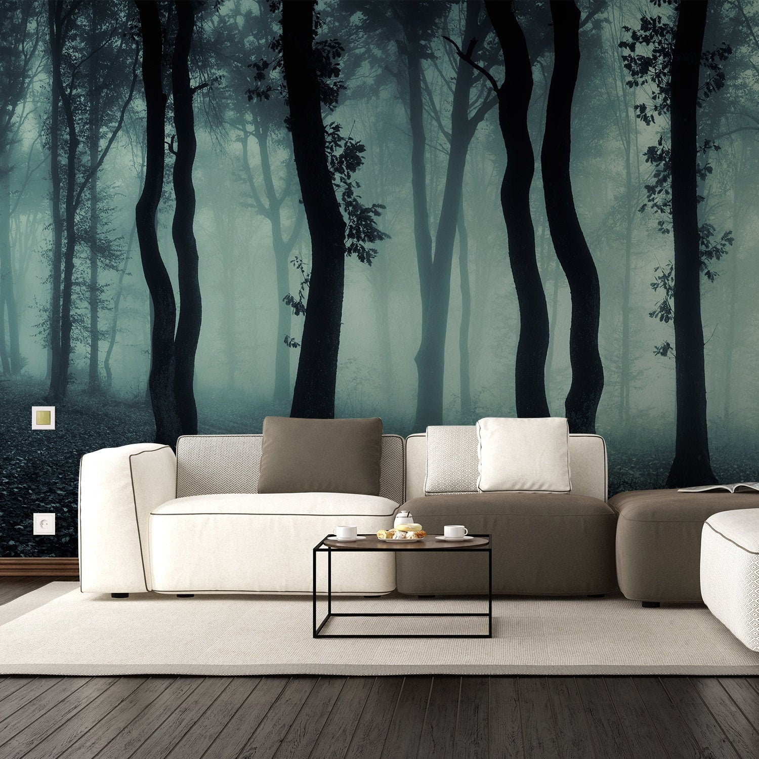 Foggy Forest Wallpaper Decal | Landscape Tree Wall Paper Mural | Self Peel & Stick Sticker