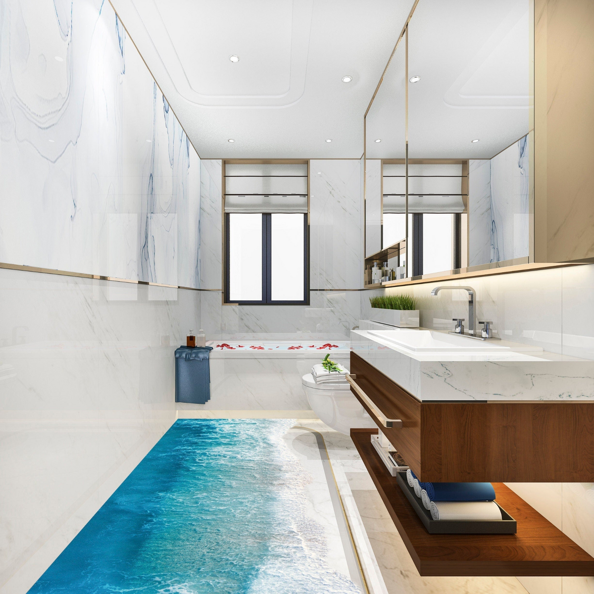 3D Ocean Beach Floor Bathroom Sticker - Sea Vinyl Decal for Bath Shower Flooring Decor - Waterproof Bathtub Mural Floor Art
