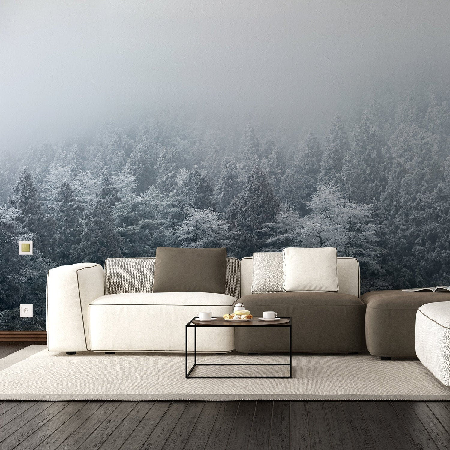 Foggy Forest Wallpaper Decal | Landscape Tree Wall Paper Mural | Self Peel & Stick Sticker