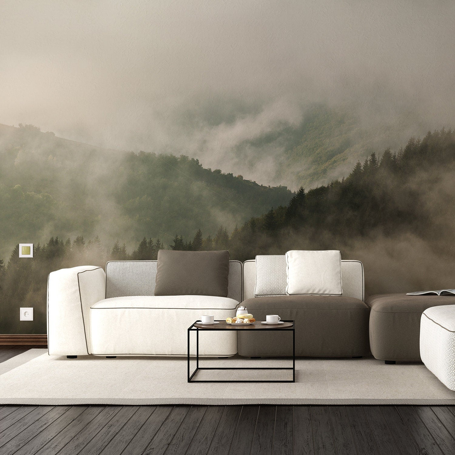 Foggy Forest Wallpaper Decal | Landscape Tree Wall Paper Mural Self Peel and Stick