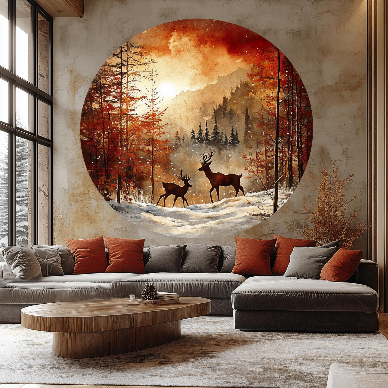 Winter Forest Deer Wall Decal – Mountain Landscape Vinyl Mural Sticker for Rustic Home Decor