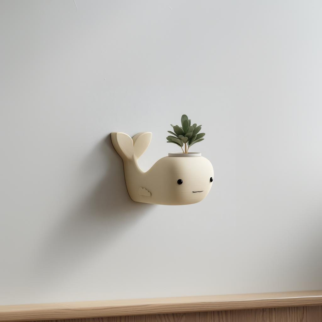 3D Printed Whale Wall Planter – Kawaii Wall Mounted Plant Holder for Nursery & Small Spaces