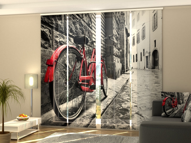 Red Bicycle in Black & White City Panel Curtain Set – 4 Decorative Panels
