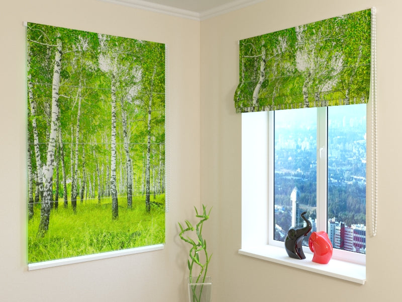 Modern Forest-Inspired roman shades with Birch Tree Design