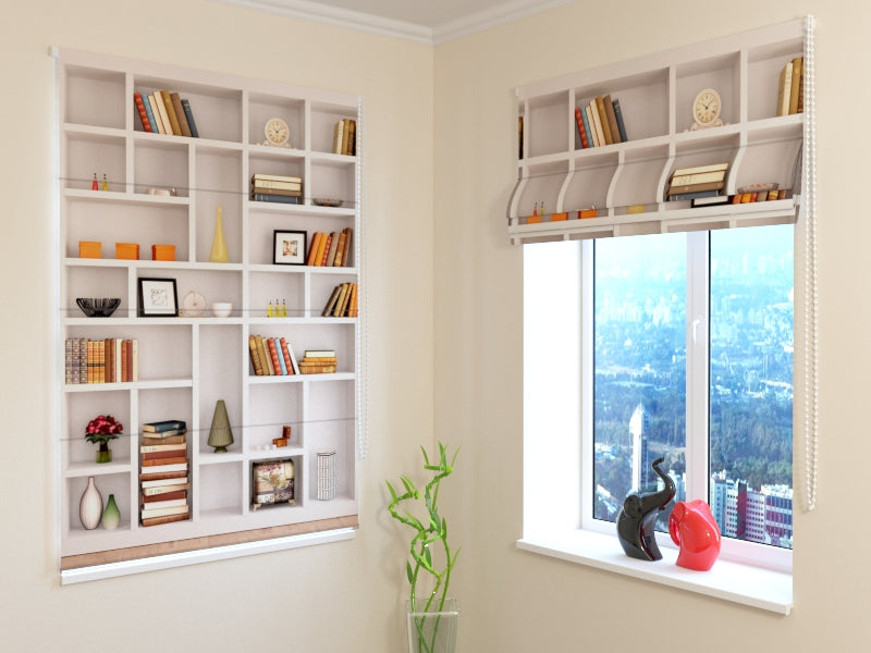 Elevated White Bookshelf roman shades for Sophisticated Interiors