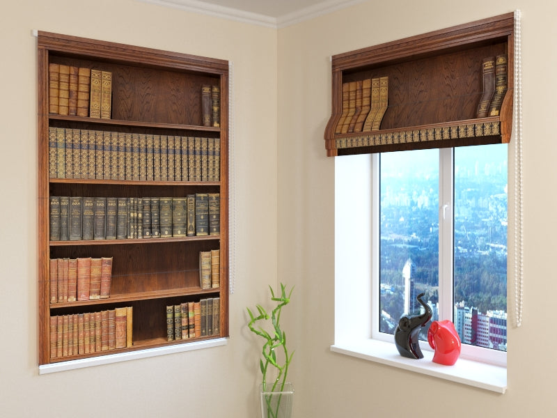 Modern Bookshelf roman shades for Creative and Literary Interiors