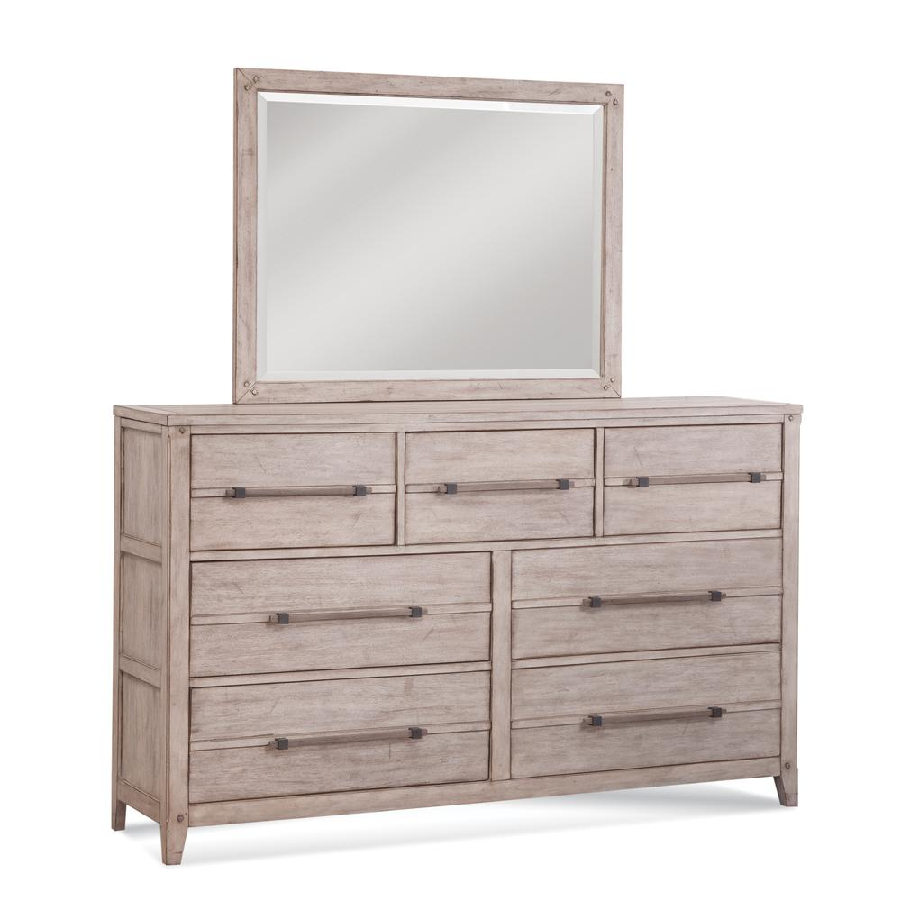 Aurora Whitewash Dresser with Mirror in Rubberwood & Sengon Tekik with Industrial Wood Bar Pulls