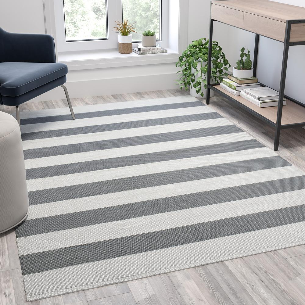 5' x 7' Grey & White Striped Handwoven Cabana Style Stain Resistant Area Rug