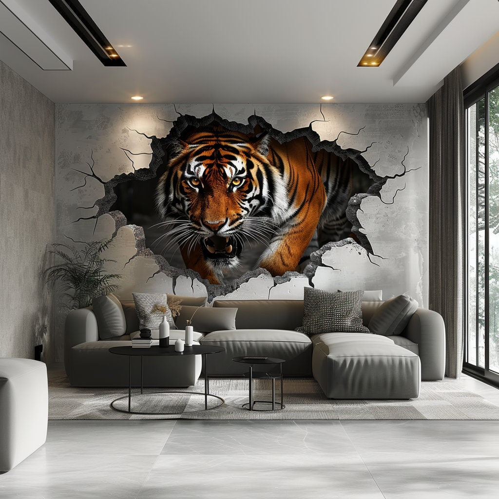 Peel and Stick 3D Tiger Wall Decal – Majestic Animal Wall Sticker for Living Room and Office Decor