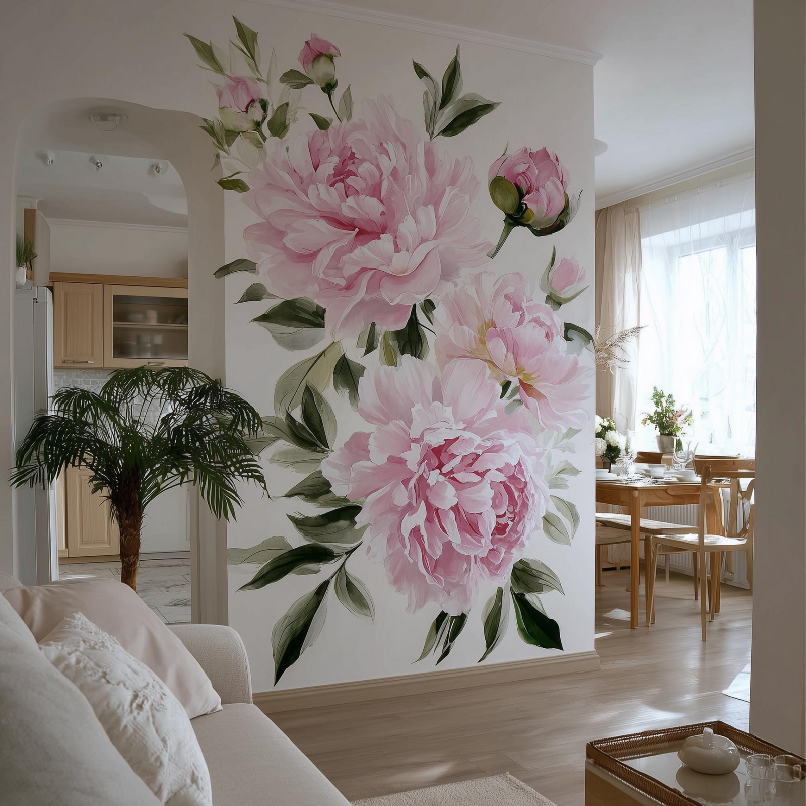 Pink Peony Wall Mural – Removable Vinyl Floral Wall Decal for Living Room, Bedroom, or Nursery