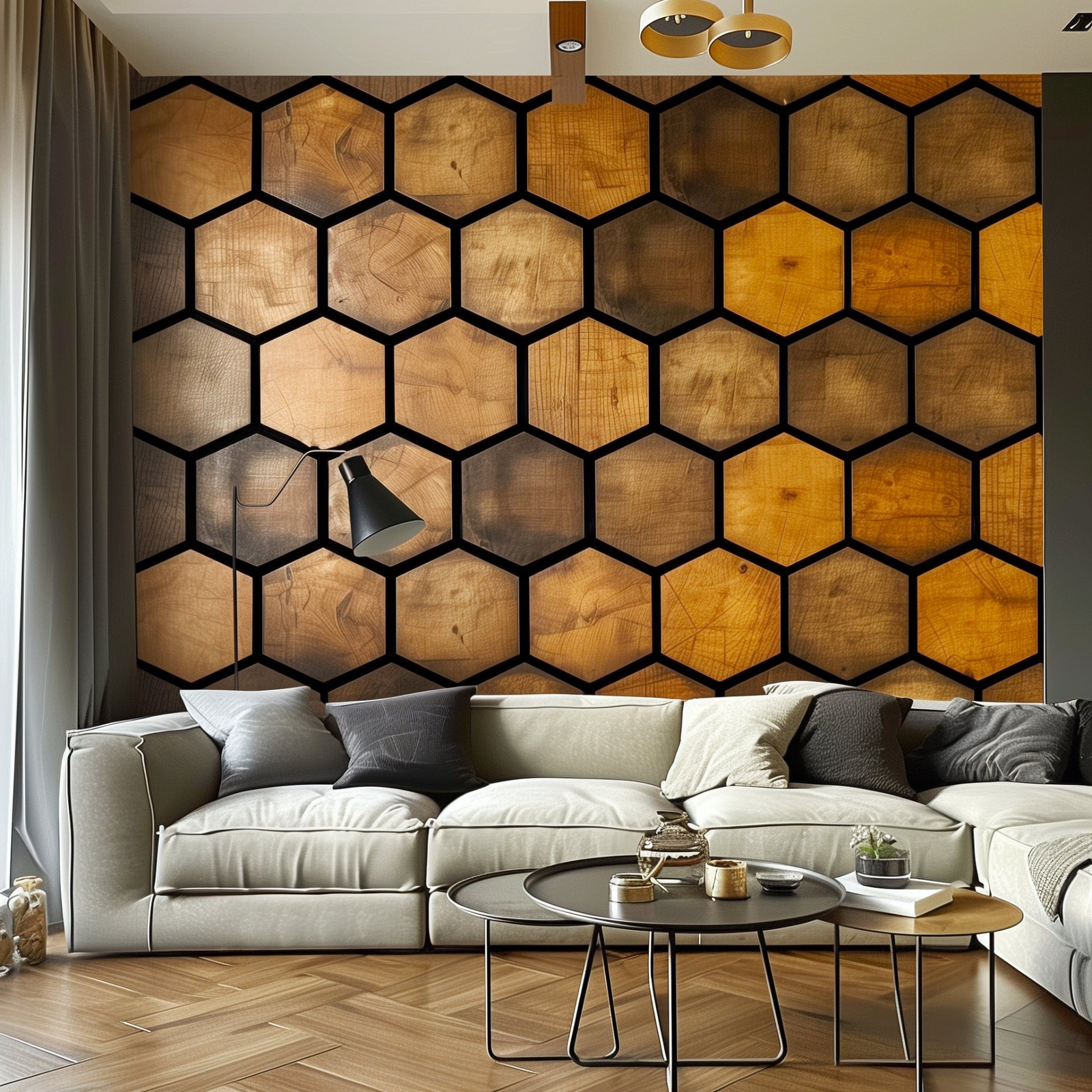 Hexagonal Wood Effect Honeycomb Wall Decal – Black Accent Rustic Peel-and-Stick Wallpaper