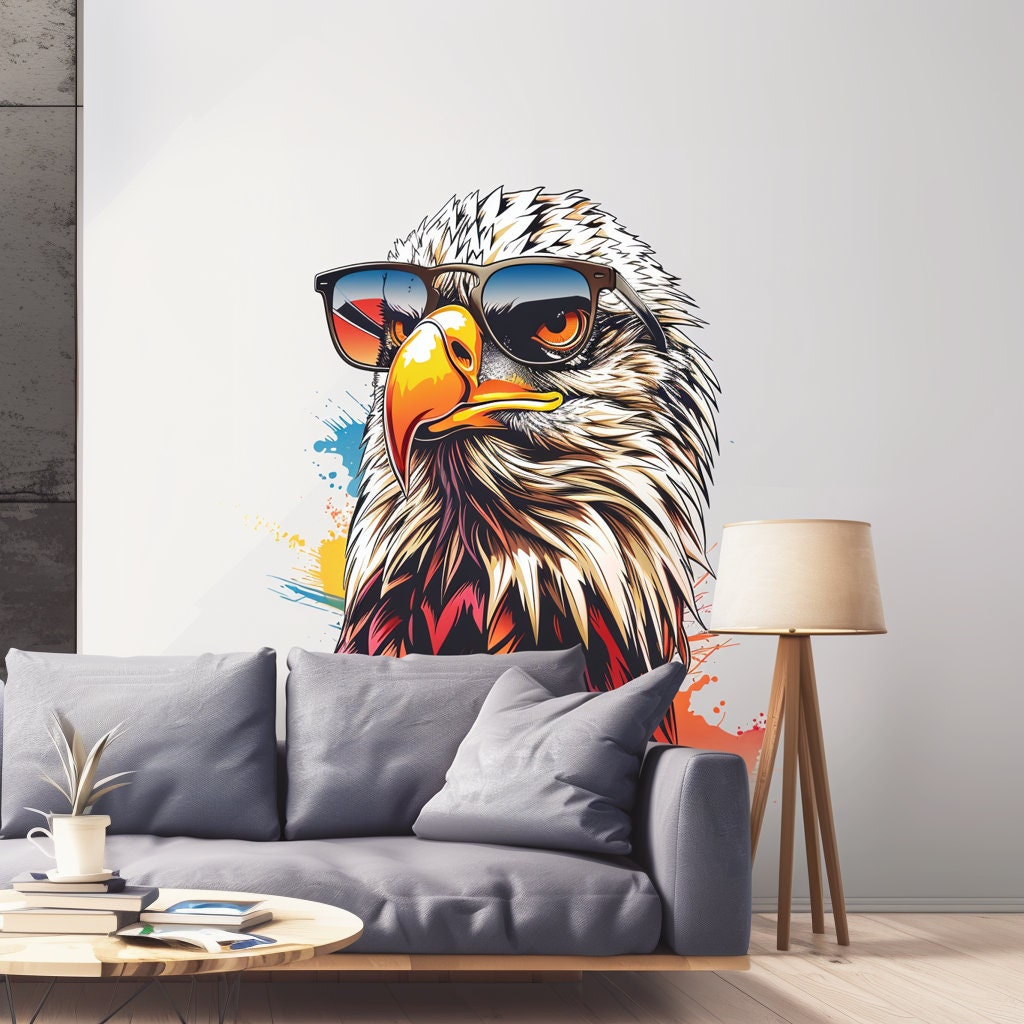 Bald Eagle with Sunglasses Wall Decal – Peel and Stick Watercolor Bird Wall Art for Living Room, Bedroom, and Office