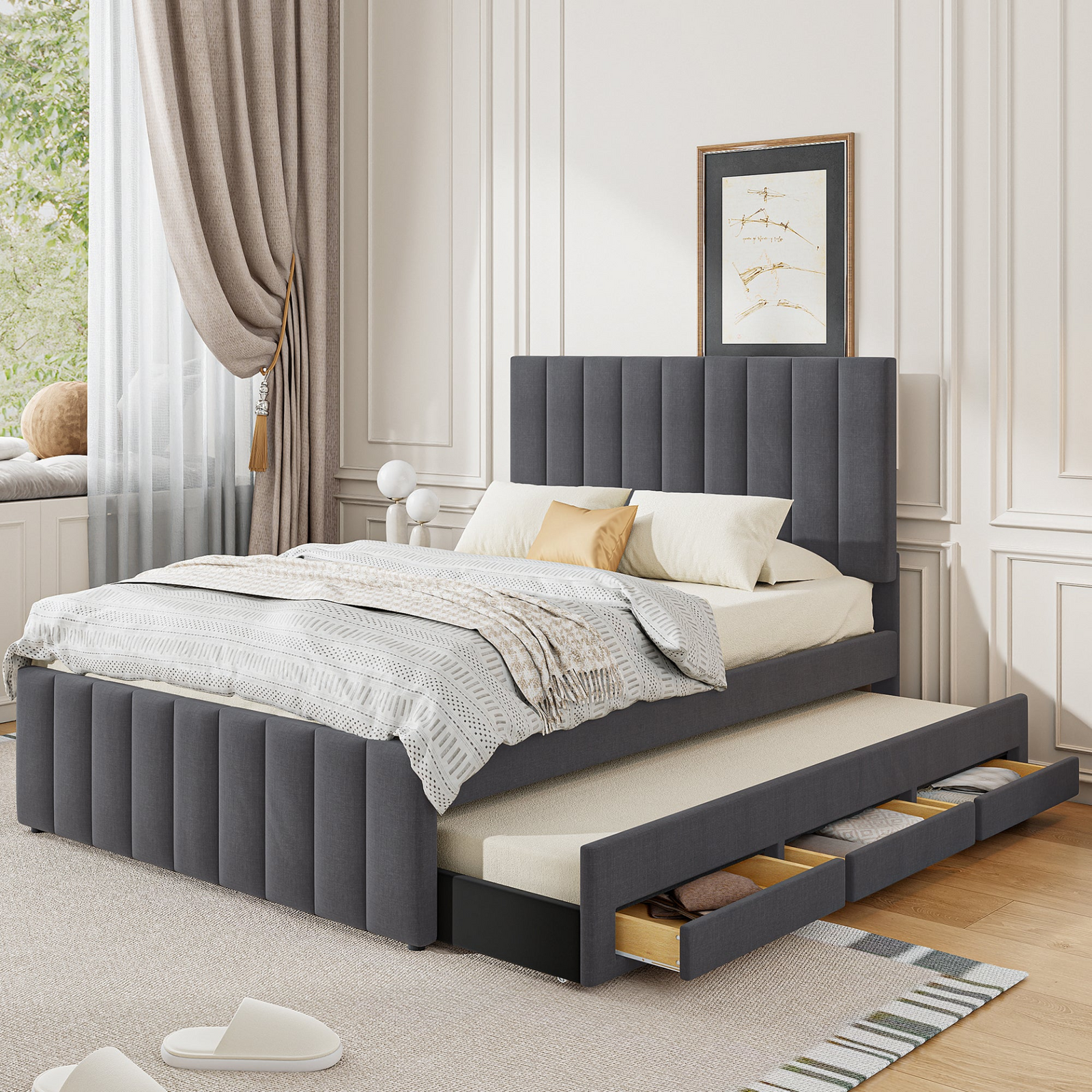 Upholstered Linen Fabric Platform Bed with Trundle and 3 Storage Drawers