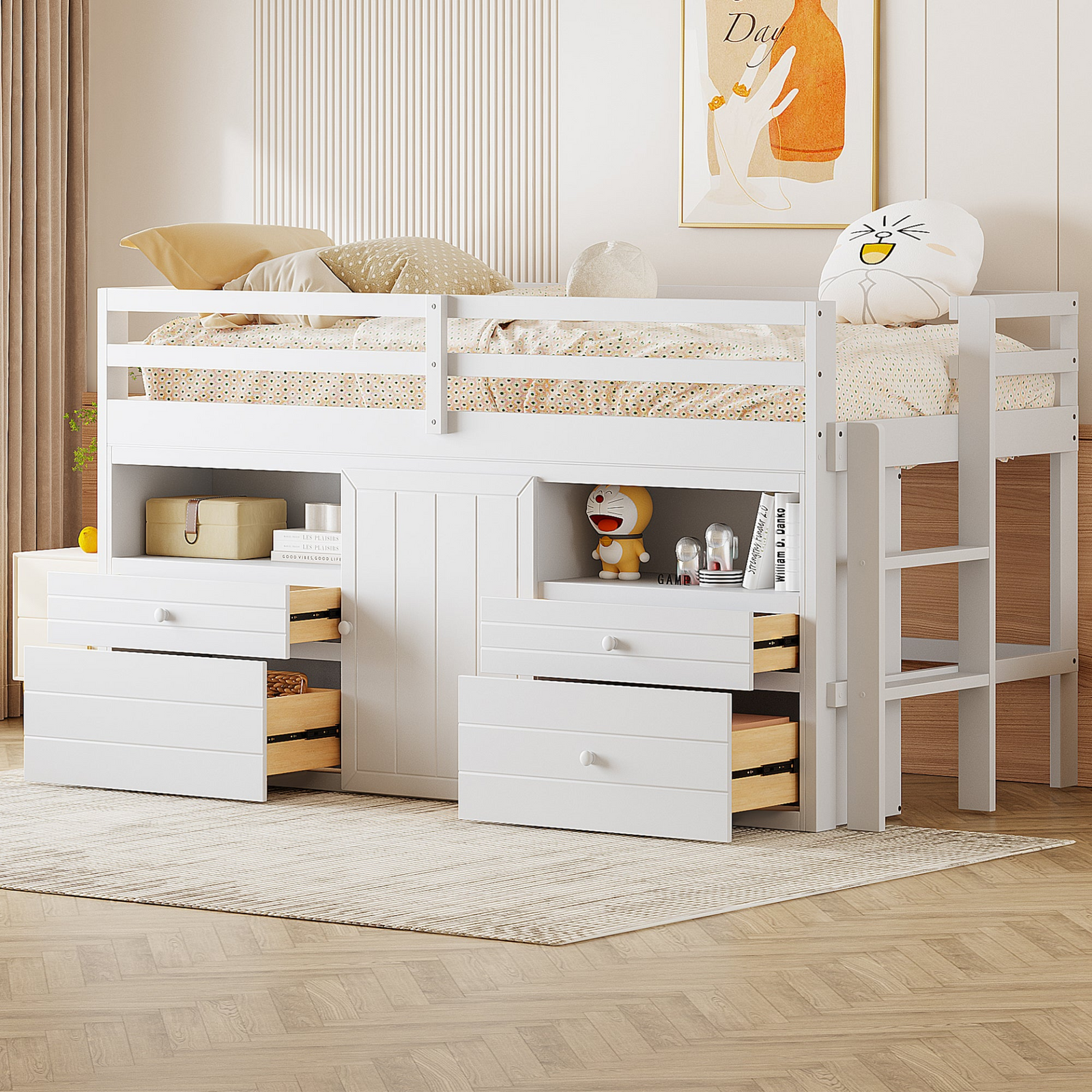 Twin Size Loft Bed with 4 Drawers, Underneath Cabinet and Shelves for Storage