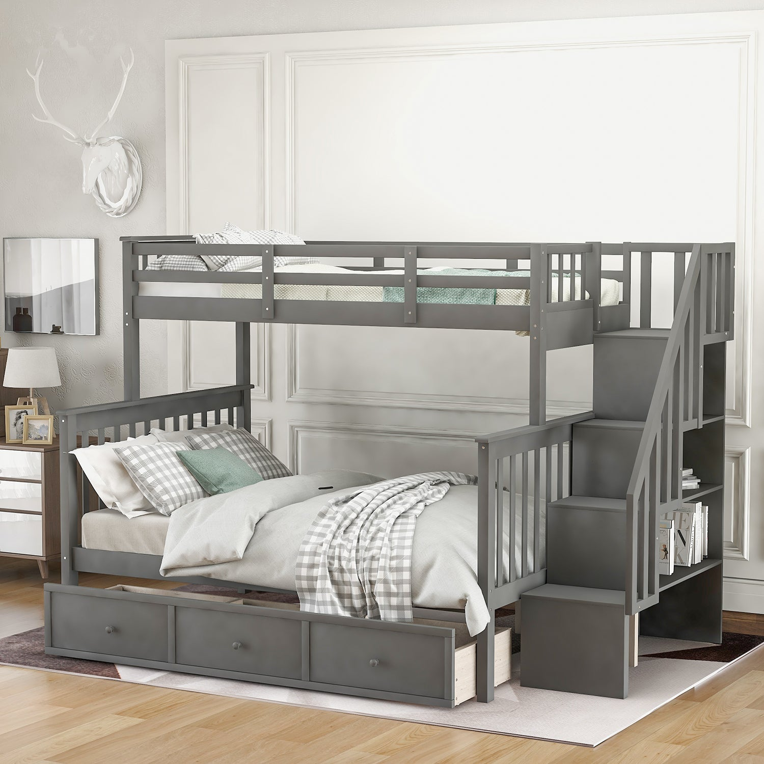 Hearth & Haven Twin-Over-Full Bunk Bed with Stairway, Drawer, Storage & Guard Rail