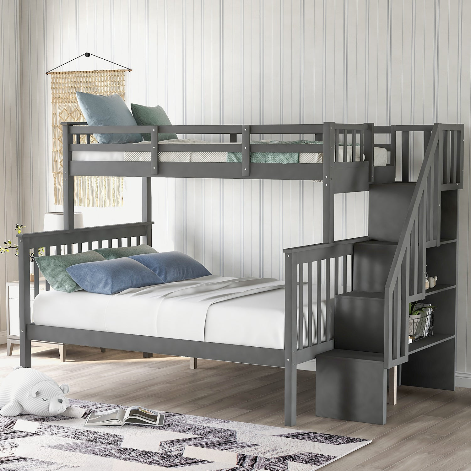Elegant Stairway Bunk Bed with Storage and Guard Rail, Solid Construction