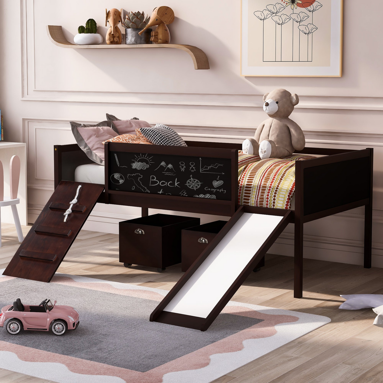 Twin Size Loft Wood Bed with Two Built-In Storage Boxes and Sturdy Frame