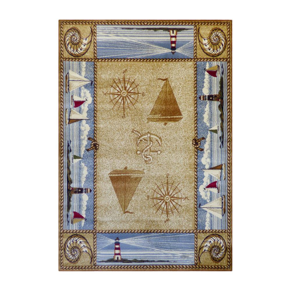 Sovalye Collection Beige Nautical Themed 5' x 7' Area Rug with Jute Backing for Living Room, Bedroom, Entryway