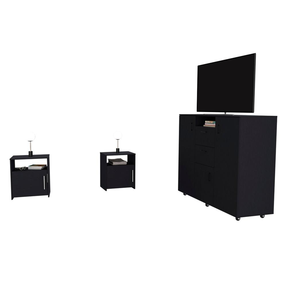 Newport 3-Piece Bedroom Set with Milano Cabinet Dresser & Omaha Nightstands – Modern Black Storage Set