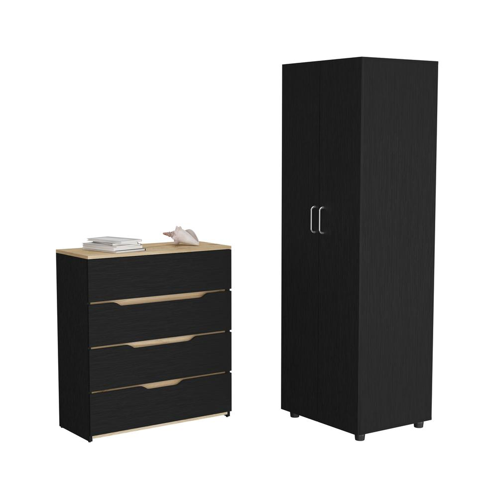 Raines 2-Piece Bedroom Set with London Armoire and Aralia Drawer Dresser in Black and Light Oak