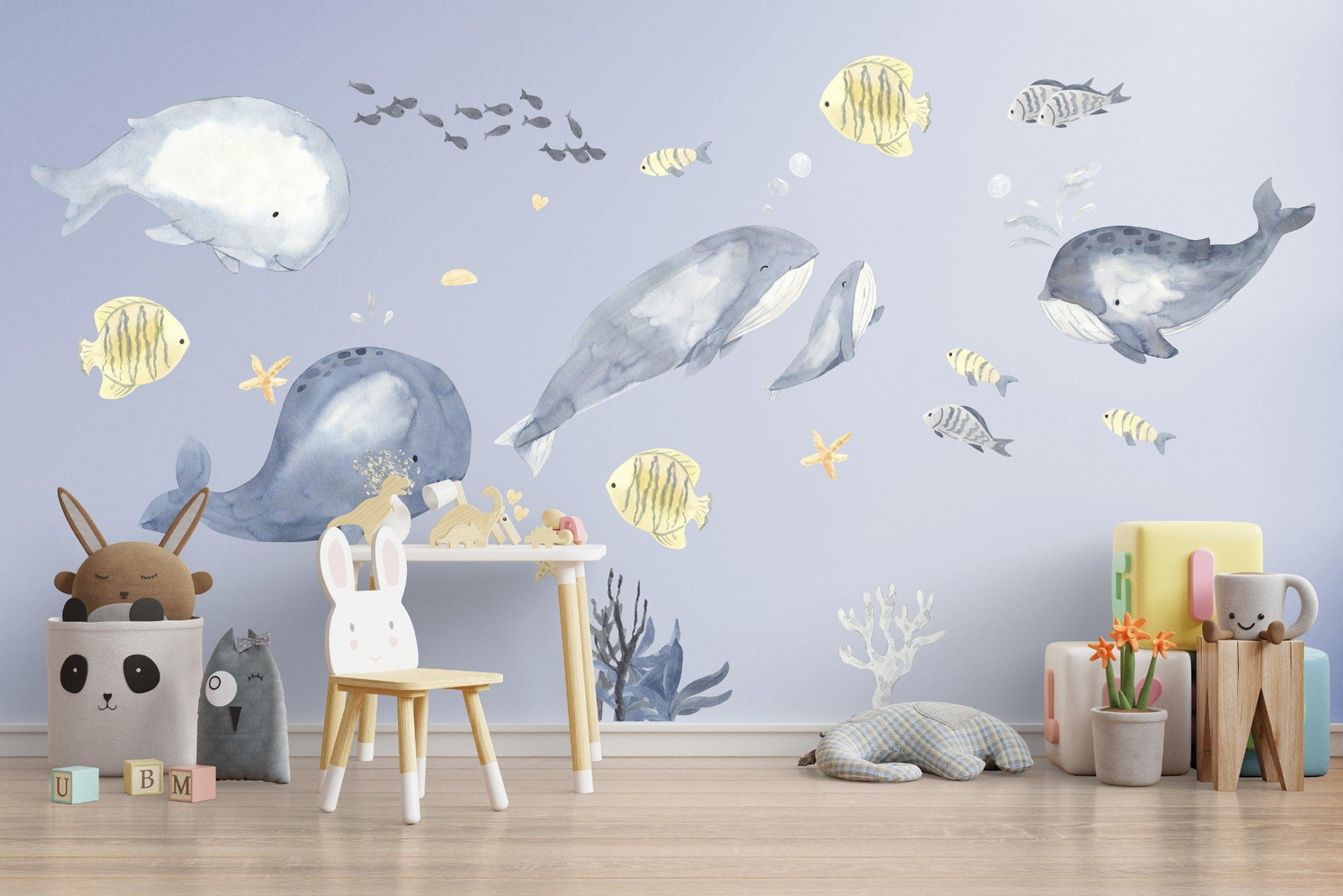 Ocean Whales Wall Decal – Peel and Stick Vinyl Nursery Wall Decor