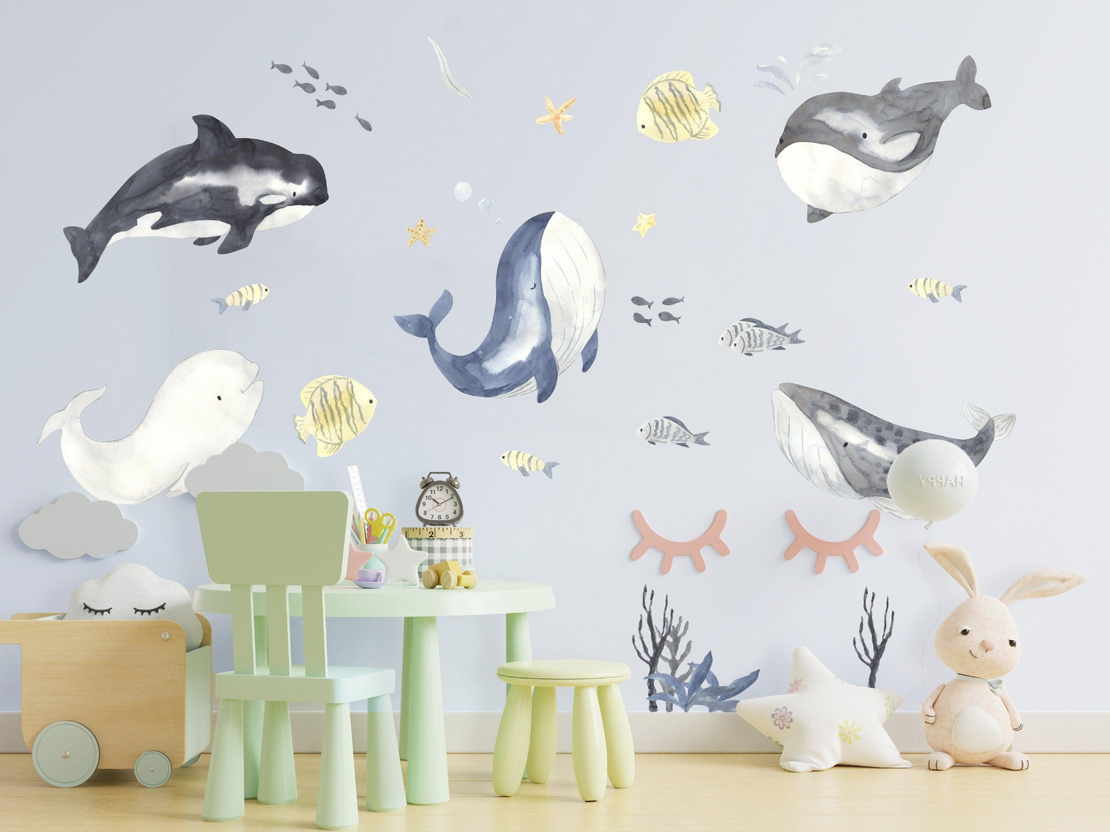 Ocean Whales Wall Sticker – Removable Vinyl Nursery Wall Decal for Kids Bedroom Decor