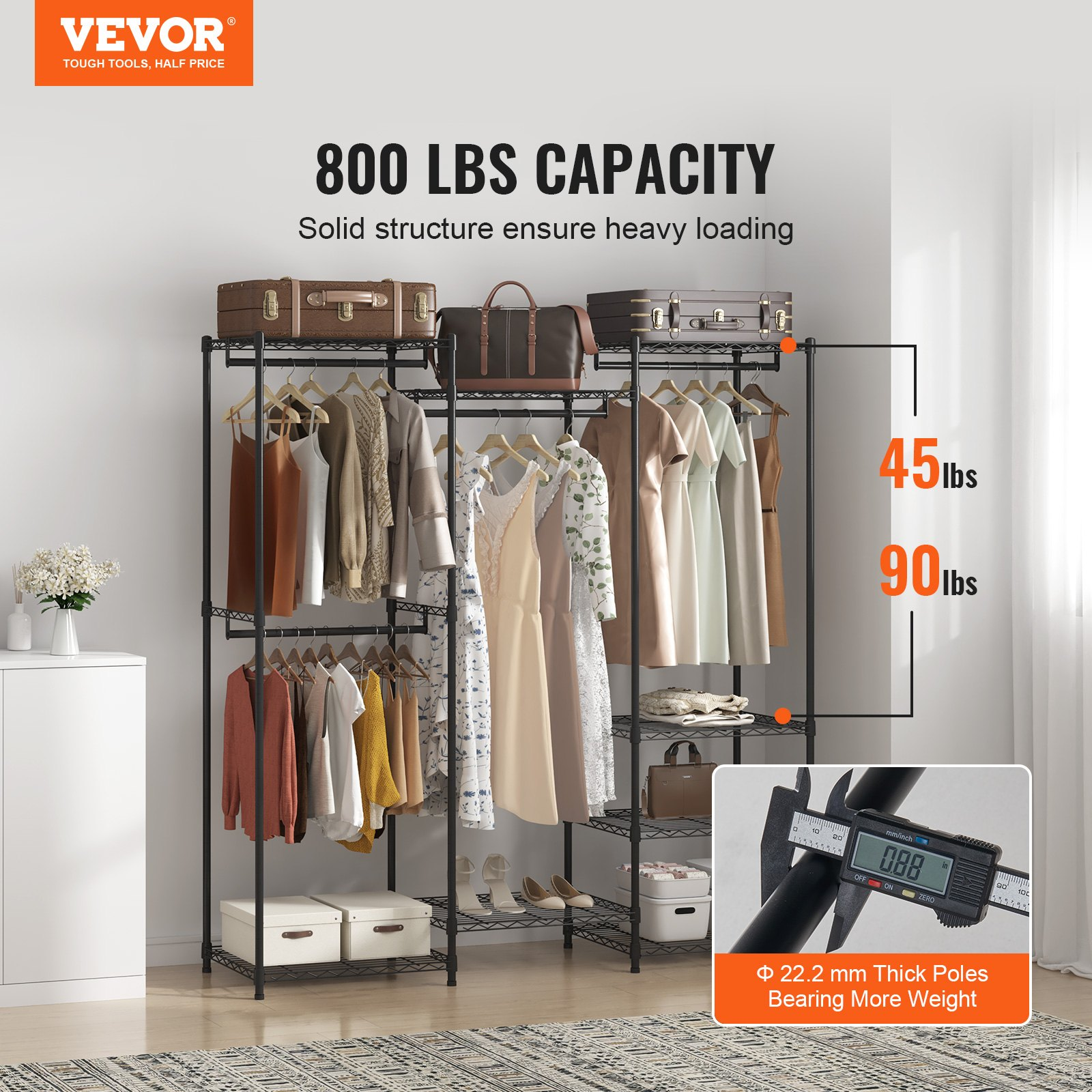 VEVOR Heavy Duty Clothes Rack, Rolling Clothing Garment Rack with 4 Hang Rods & 8 Storage Tiers, Adjustable Custom Closet Rack, Freestanding Wardrobe for Hanging Clothes, 800 lbs Load Capacity