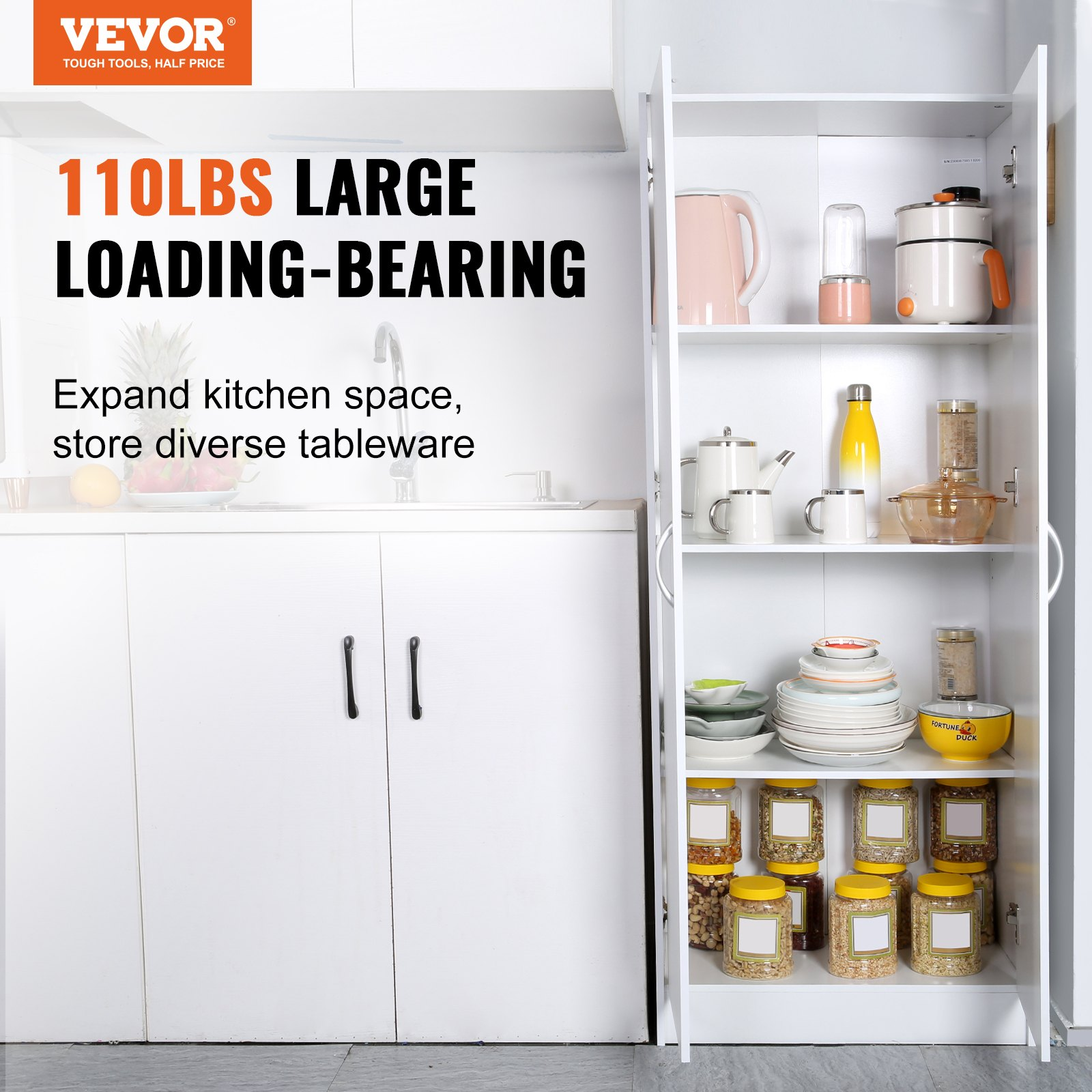 VEVOR Kitchen Pantry Cabinet, 60" Tall Food Pantry Storage Cabinet, 110LBS Freestanding Storage Cabinet Cupboard with 3 Shelves(2 Adjustable), Engineered Wood Utility Pantry for Kitchen, Dining Room